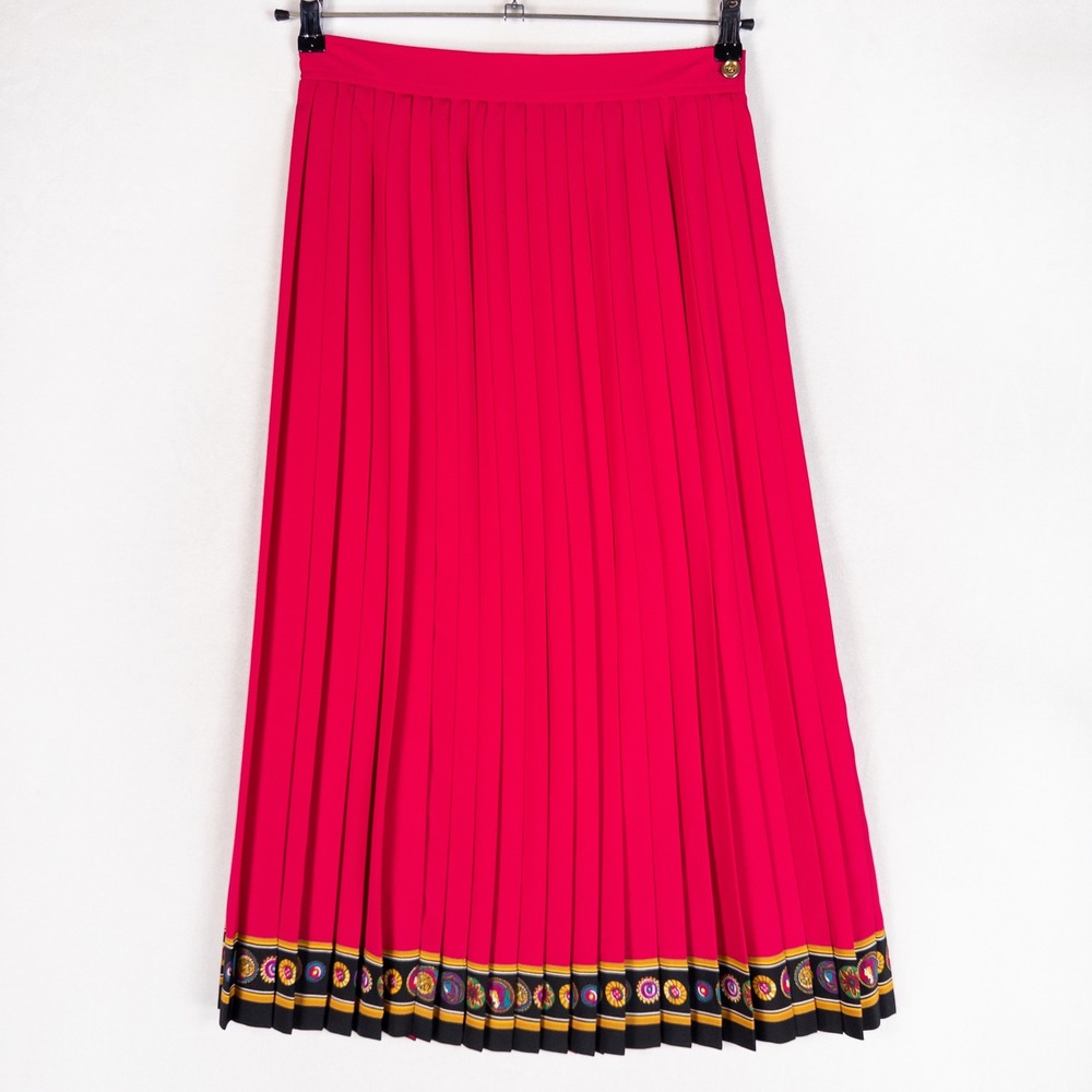 Chaus Womens Midi Skirt Size 12 Pink Accordion Pleat Vintage Border Print Retro